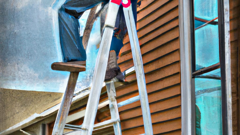 Man climbing ladder on Storm Lake, Iowa home to replace roof
