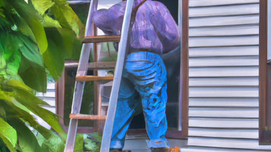 Man climbing ladder on Sugarcreek, Ohio home to replace roof