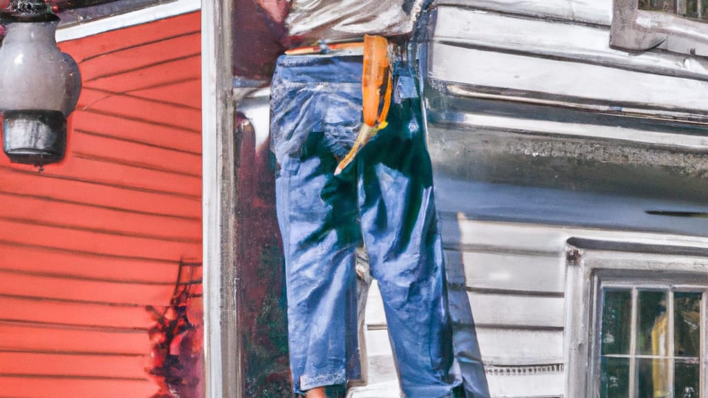 Man climbing ladder on Sunbury, Pennsylvania home to replace roof