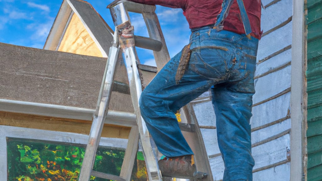 Man climbing ladder on Sussex, Wisconsin home to replace roof