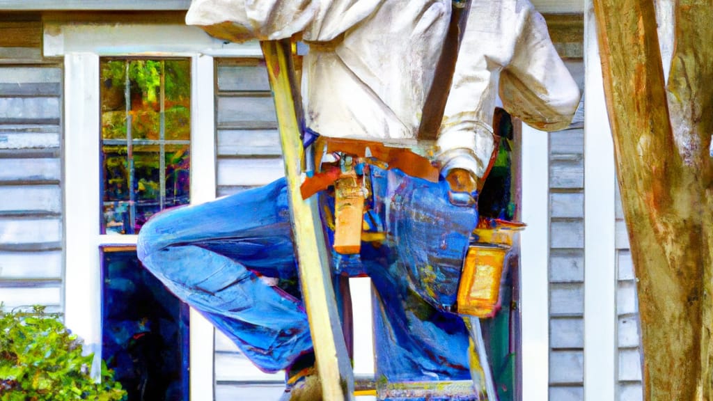 Man climbing ladder on Takoma Park, Maryland home to replace roof