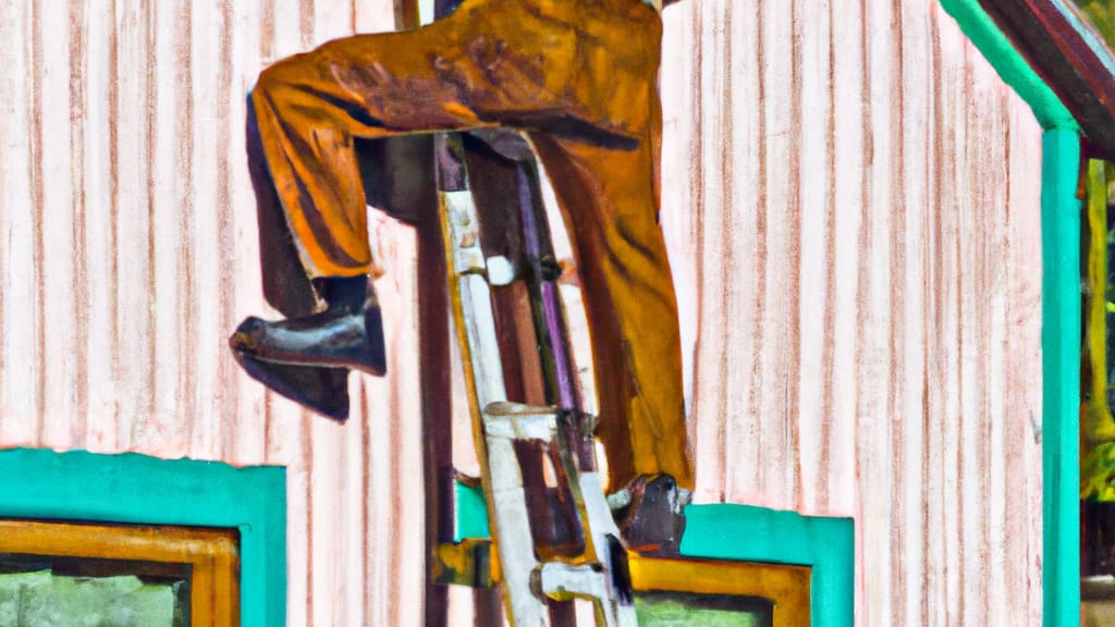 Man climbing ladder on Tehachapi, California home to replace roof