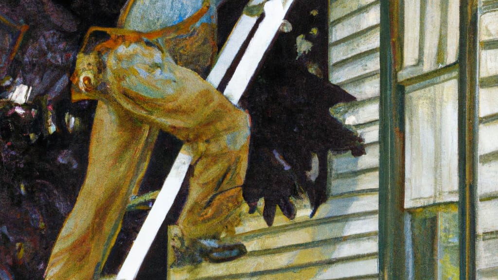 Man climbing ladder on Thornwood, New York home to replace roof