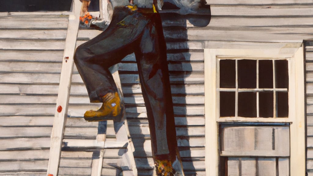 Man climbing ladder on Uniondale, New York home to replace roof