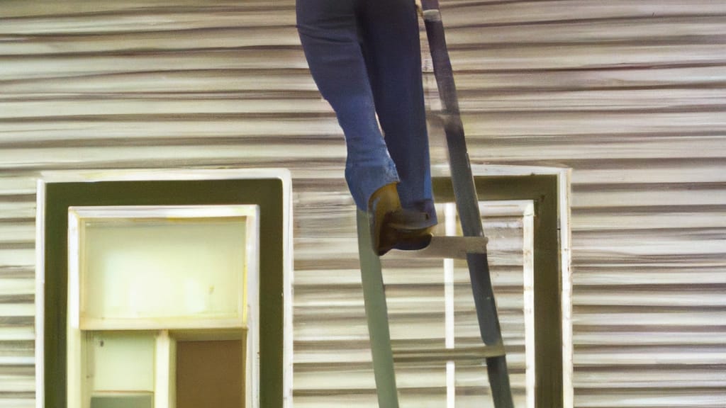 Man climbing ladder on Valley City, North Dakota home to replace roof