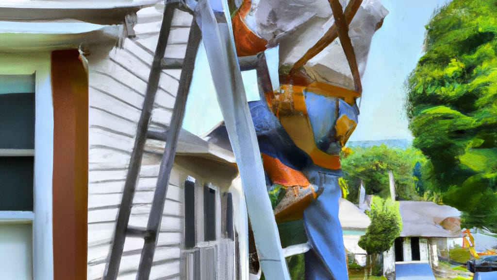 Man climbing ladder on Valley Stream, New York home to replace roof