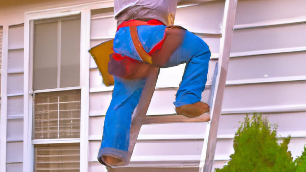 Man climbing ladder on Vernon Hills, Illinois home to replace roof