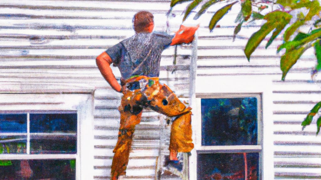Man climbing ladder on Wading River, New York home to replace roof