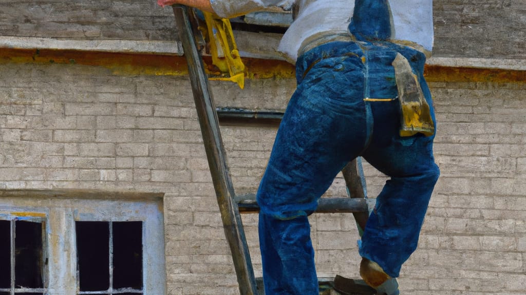 Man climbing ladder on Wagoner, Oklahoma home to replace roof