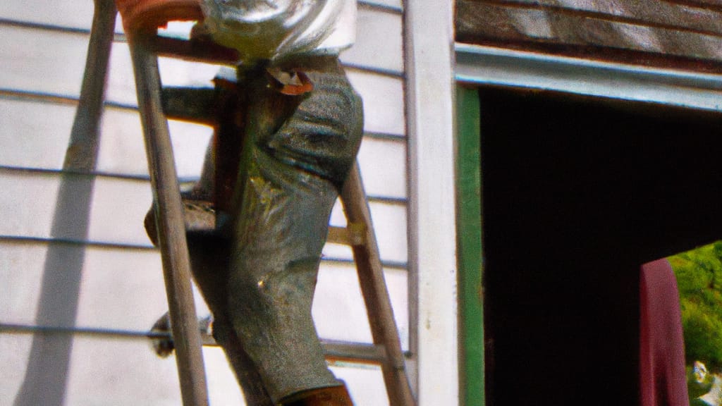 Man climbing ladder on Walden, New York home to replace roof