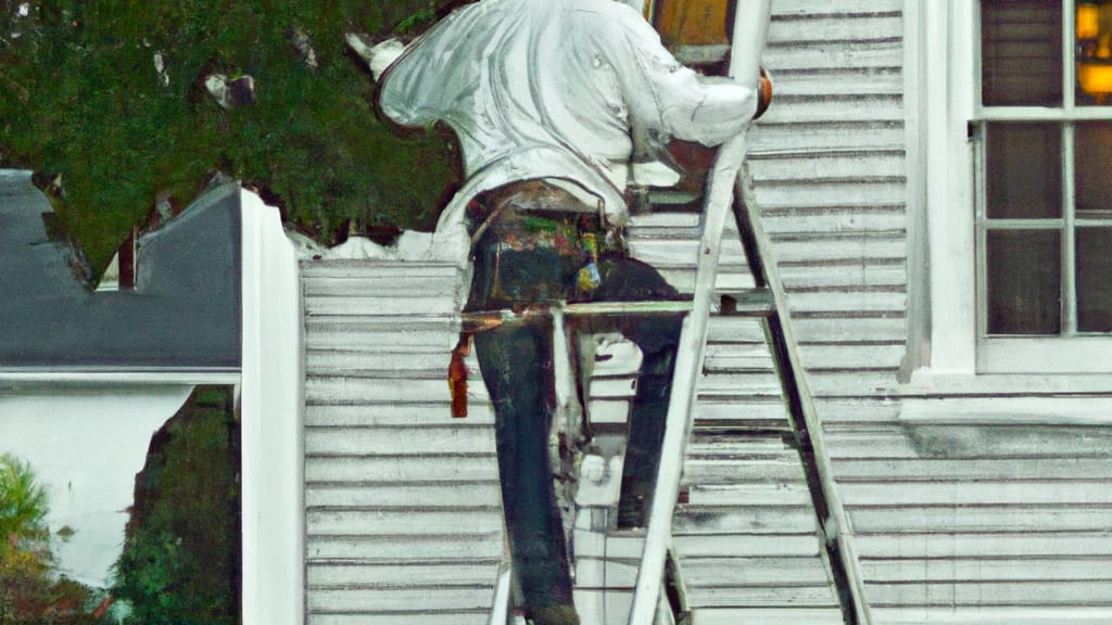 Man climbing ladder on Waltham, Massachusetts home to replace roof