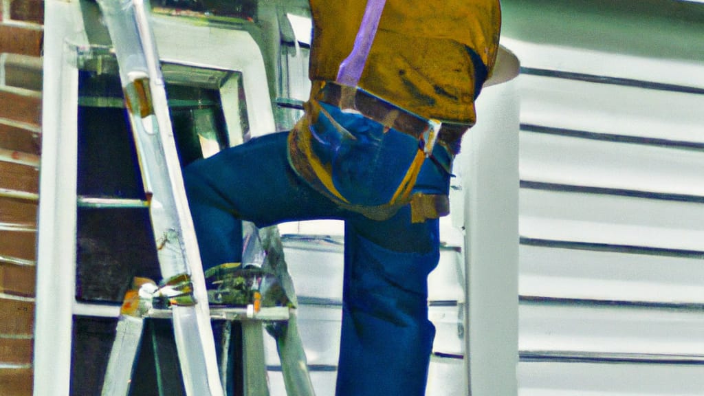 Man climbing ladder on Wayne, New Jersey home to replace roof