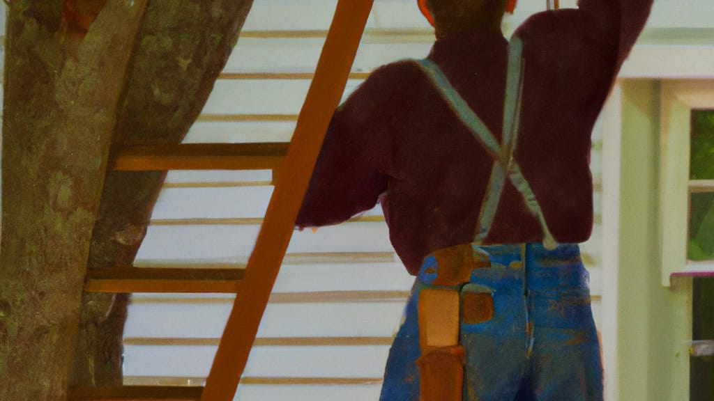 Man climbing ladder on Waynesville, North Carolina home to replace roof