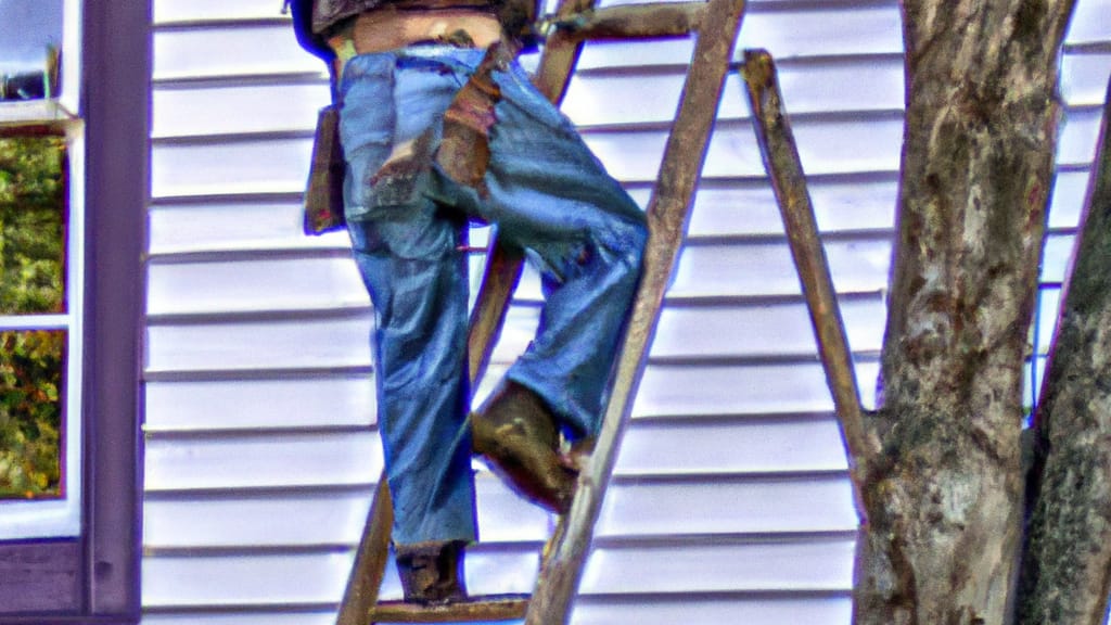 Man climbing ladder on Weare, New Hampshire home to replace roof