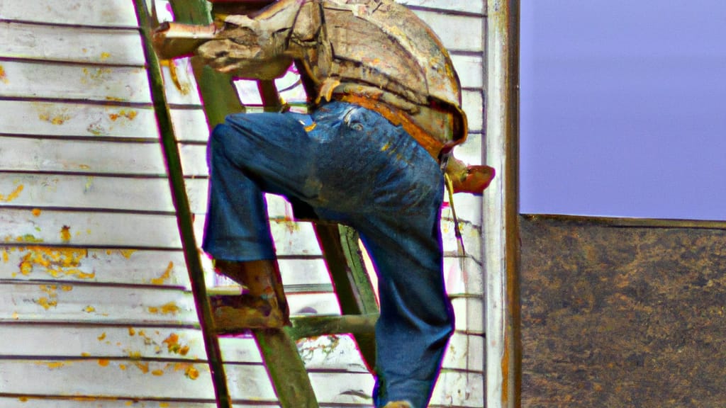 Man climbing ladder on Weirton, West Virginia home to replace roof