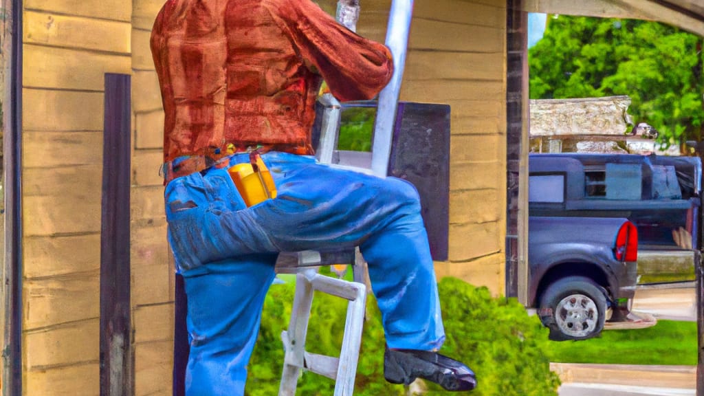 Man climbing ladder on Weslaco, Texas home to replace roof