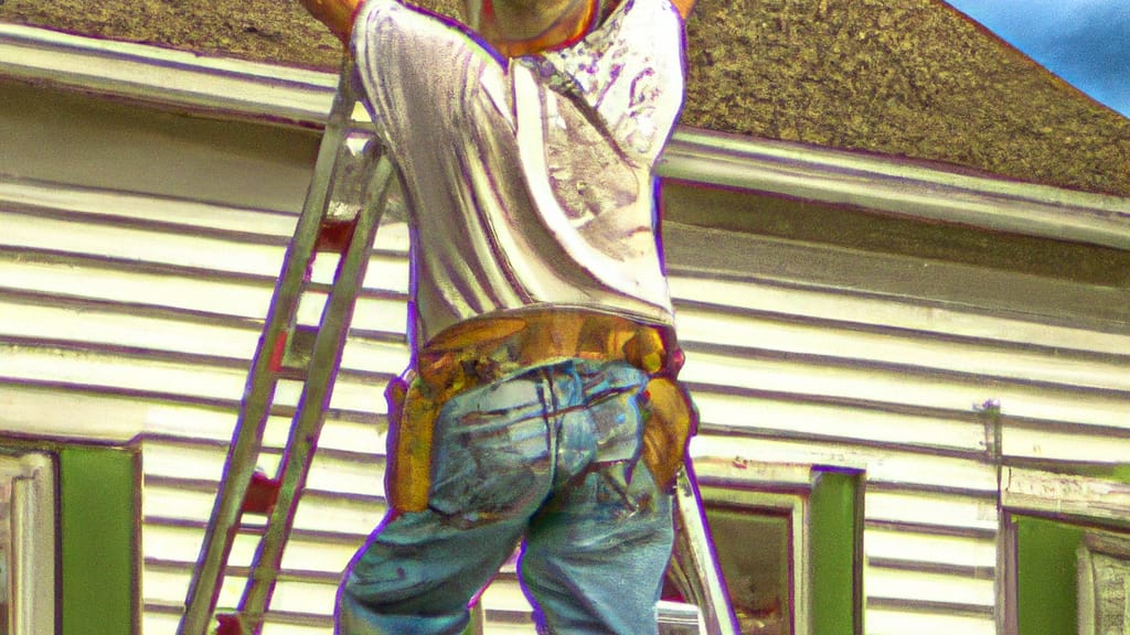Man climbing ladder on West Frankfort, Illinois home to replace roof