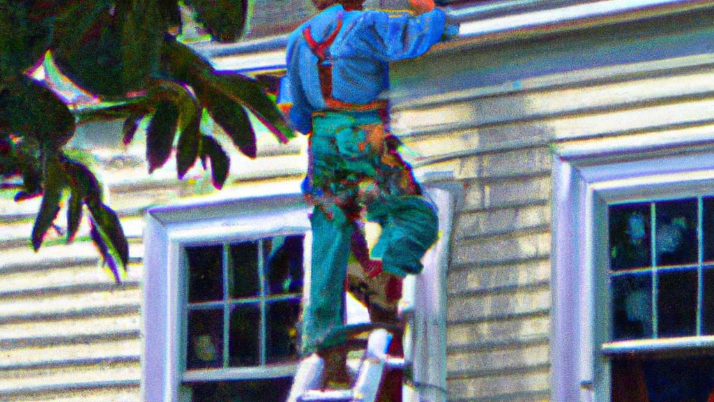 Man climbing ladder on Westport, Connecticut home to replace roof