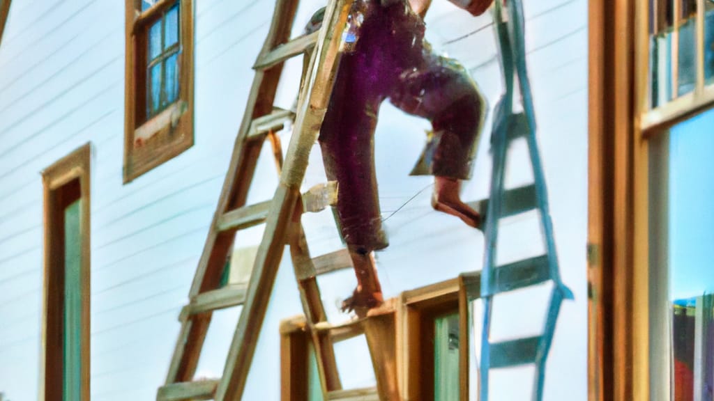 Man climbing ladder on Winthrop Harbor, Illinois home to replace roof