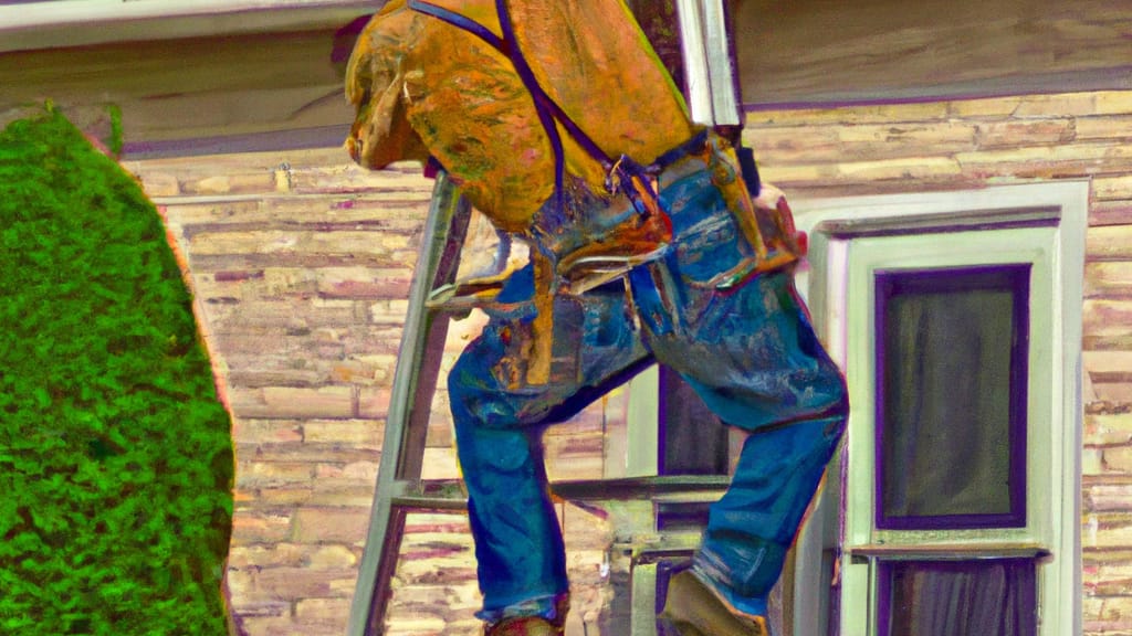 Man climbing ladder on Worthington, Minnesota home to replace roof