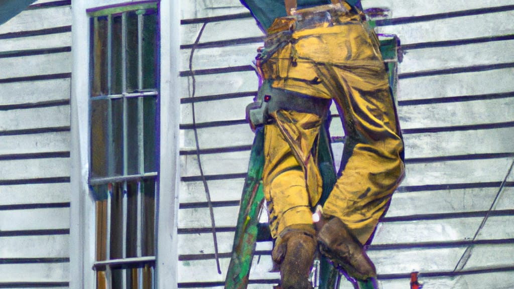 Man climbing ladder on Yazoo City, Mississippi home to replace roof