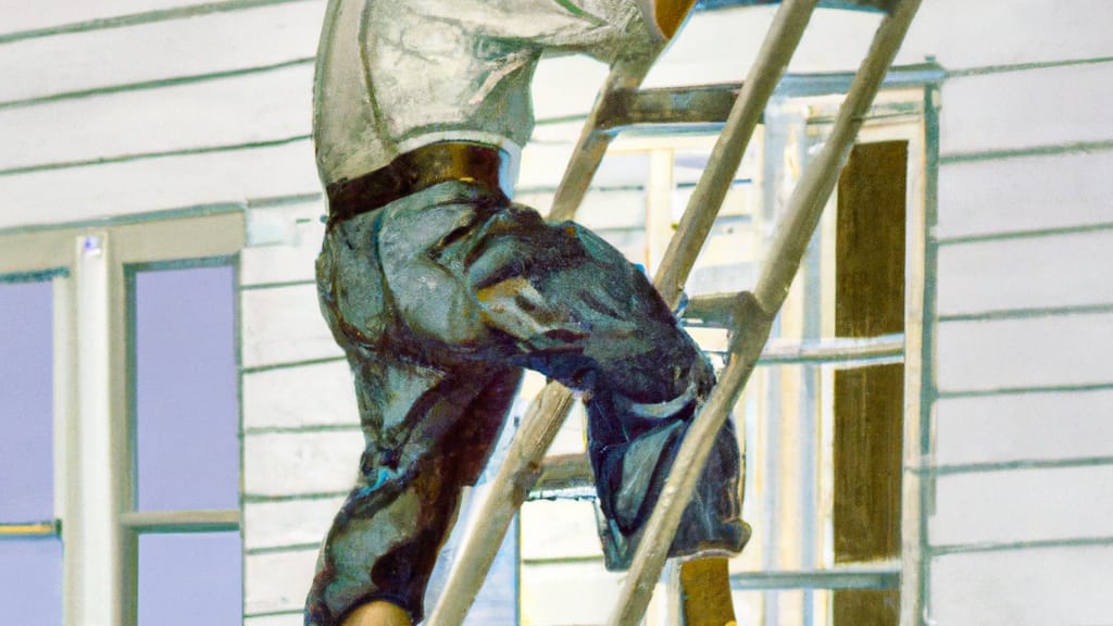 Man climbing ladder on Yucca Valley, California home to replace roof