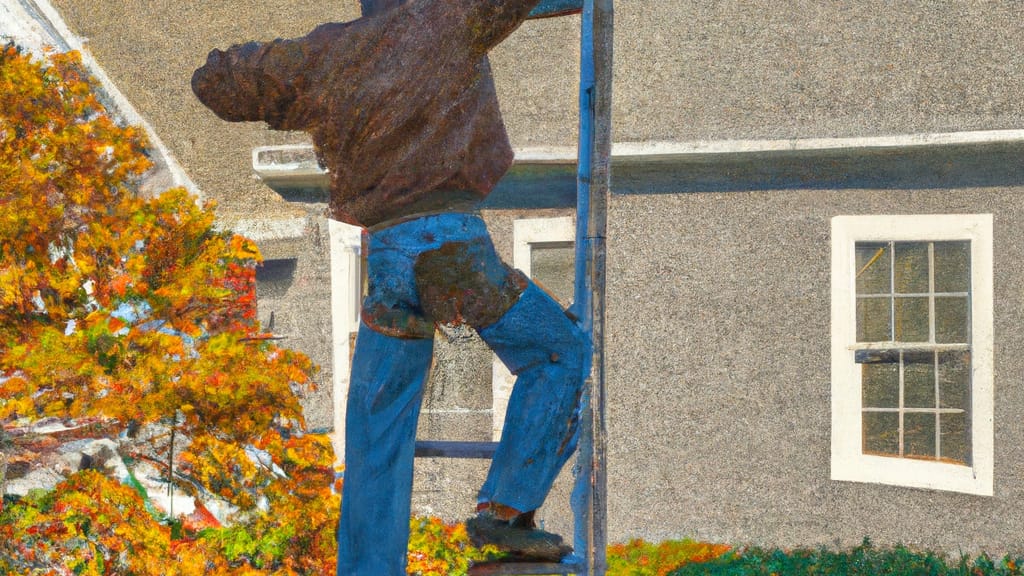 Man climbing ladder on Andover, Massachusetts home to replace roof