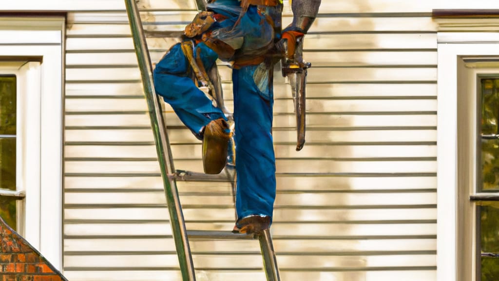 Man climbing ladder on Ashburn, Virginia home to replace roof