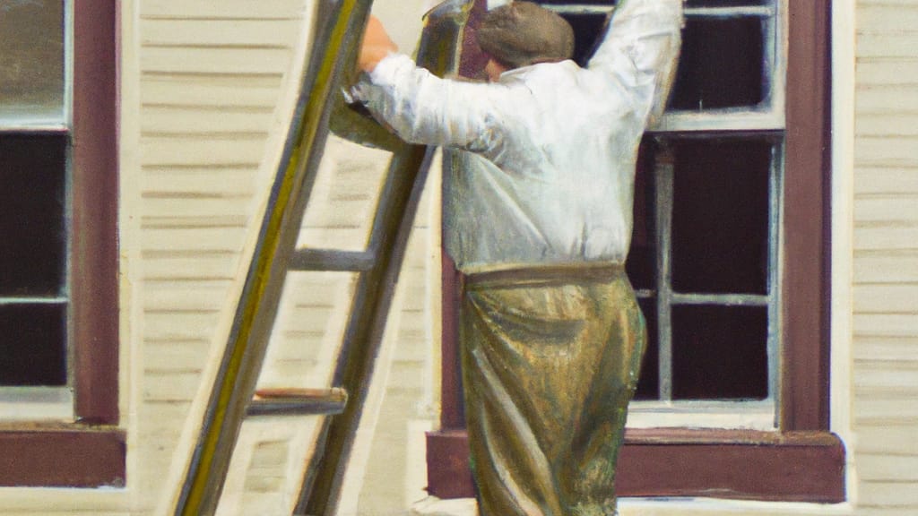 Man climbing ladder on Bernard, Iowa home to replace roof