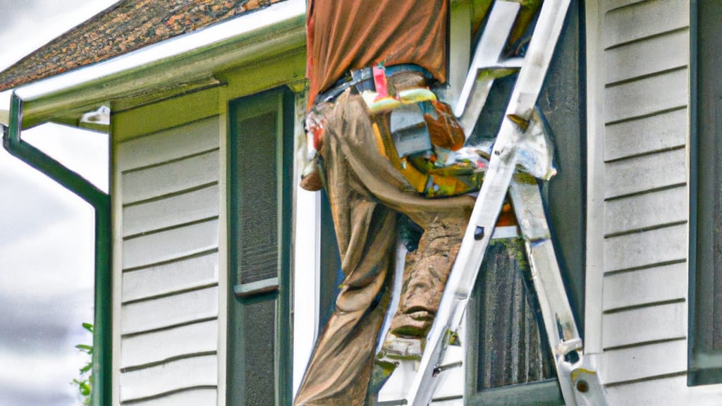 Man climbing ladder on Brown Deer, Wisconsin home to replace roof