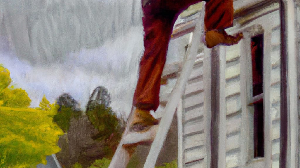 Man climbing ladder on Catskill, New York home to replace roof