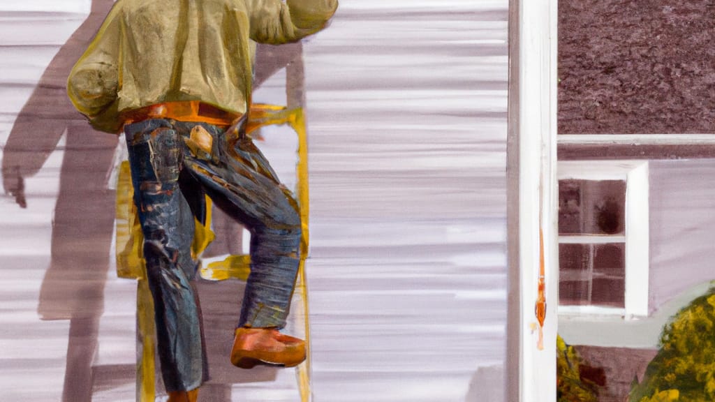 Man climbing ladder on Central Valley, New York home to replace roof