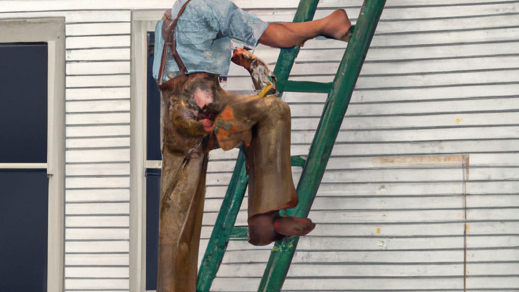 Man climbing ladder on Chandler, Indiana home to replace roof