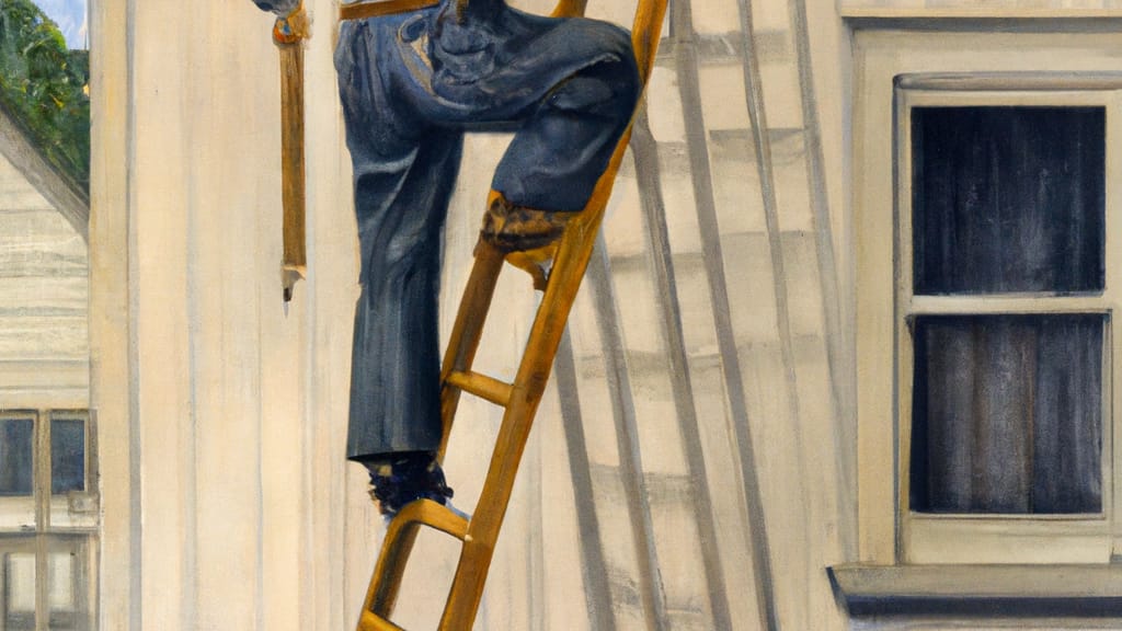 Man climbing ladder on Chesterfield, Michigan home to replace roof