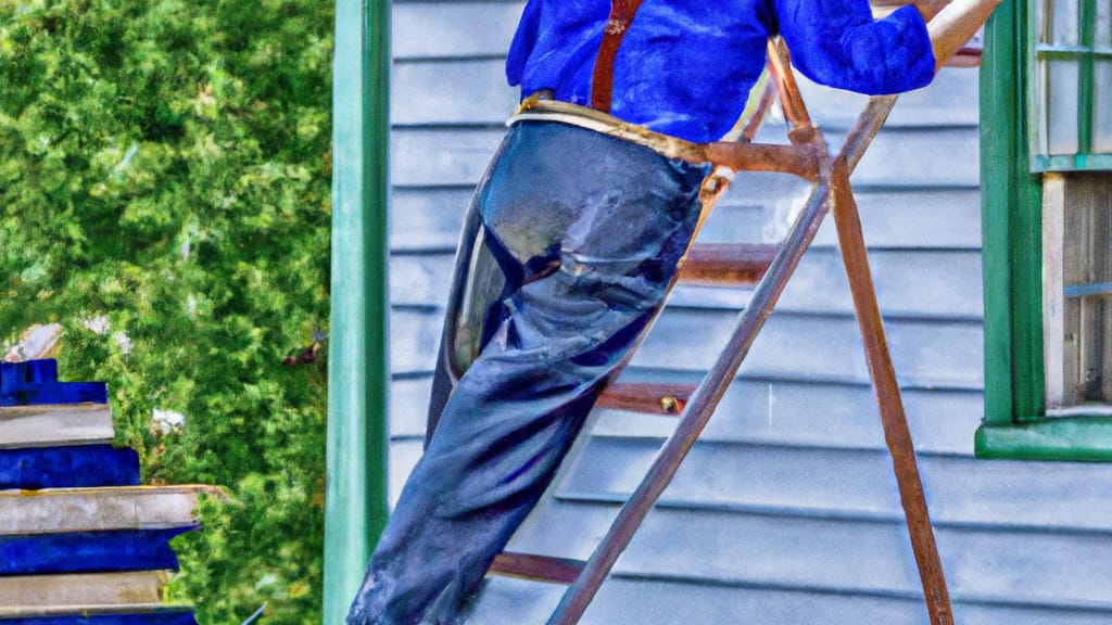 Man climbing ladder on Chilton, Wisconsin home to replace roof