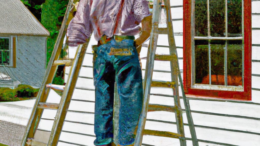 Man climbing ladder on Churchville, New York home to replace roof