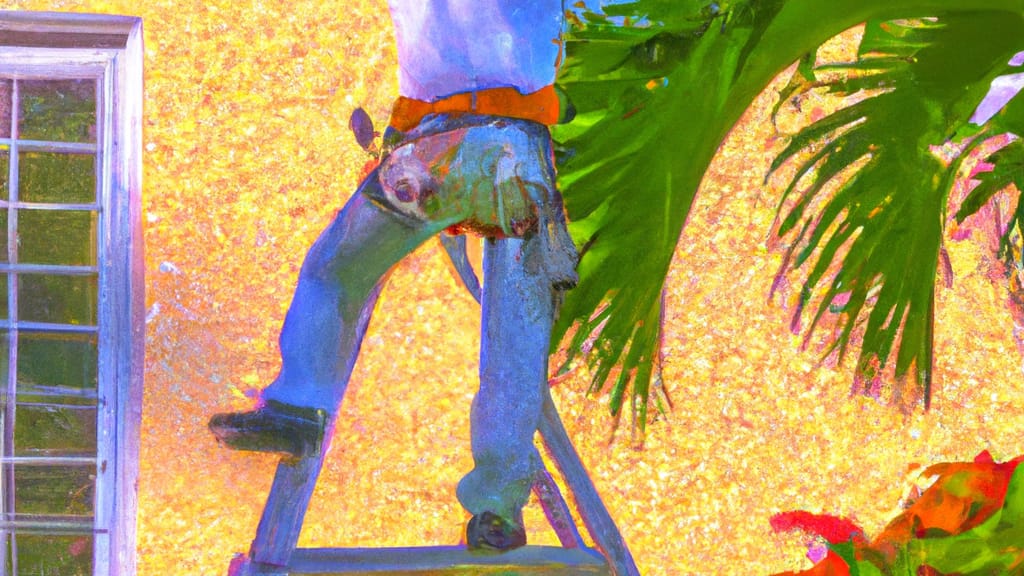 Man climbing ladder on Coral Gables, Florida home to replace roof