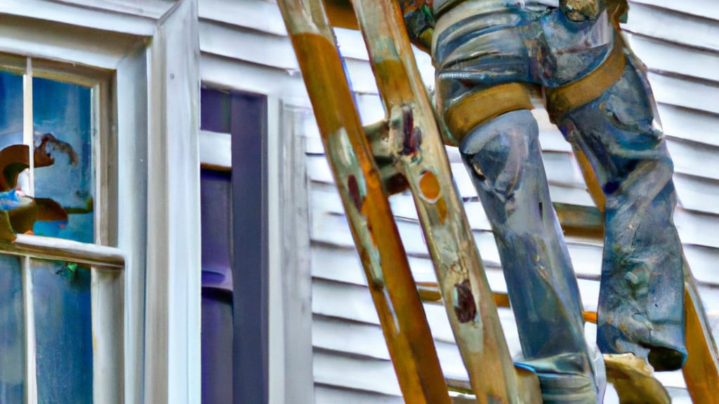 Man climbing ladder on Deptford, New Jersey home to replace roof