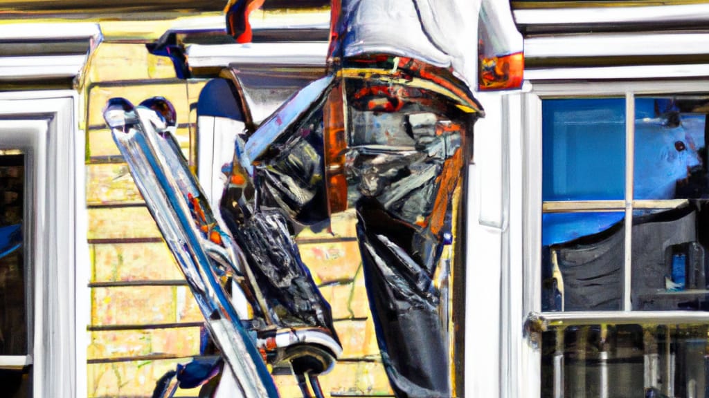 Man climbing ladder on Dorchester, Massachusetts home to replace roof