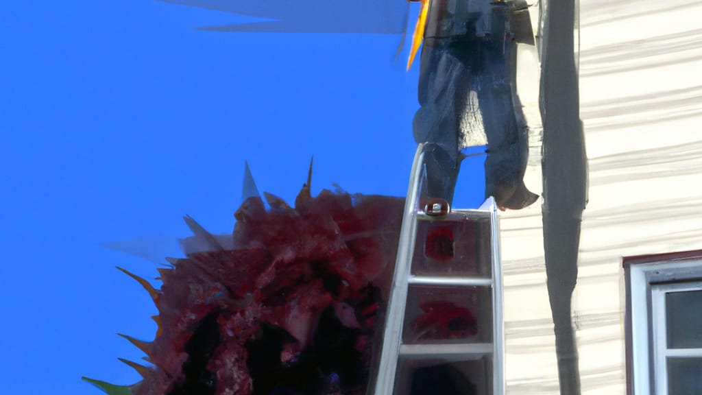 Man climbing ladder on East Palo Alto, California home to replace roof