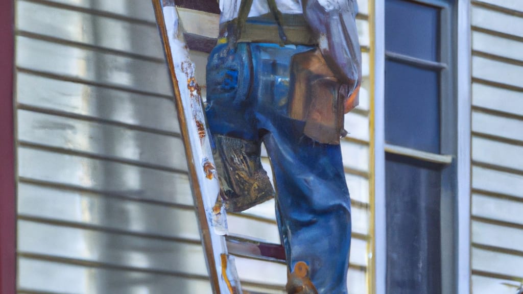 Man climbing ladder on Excelsior, Minnesota home to replace roof