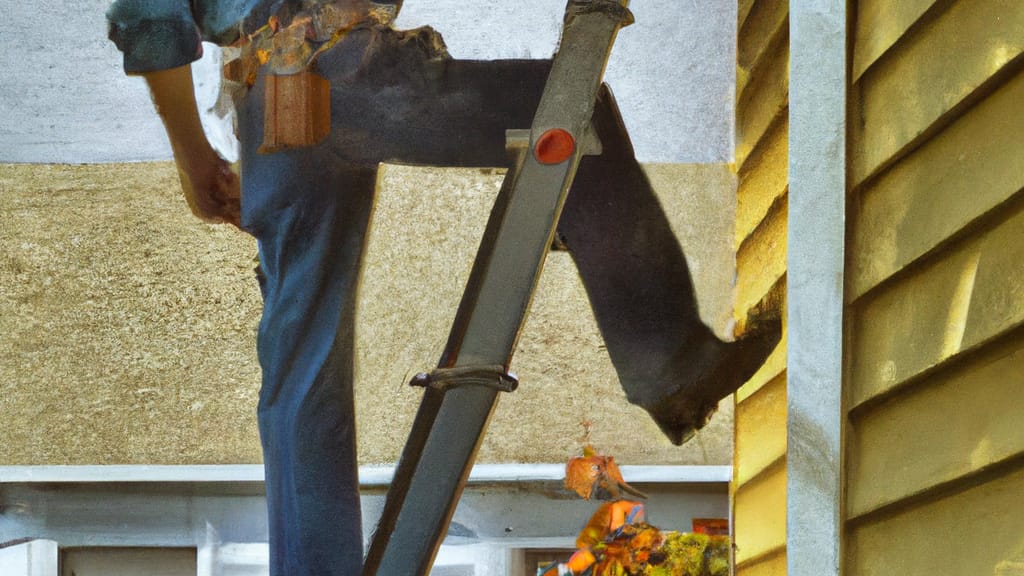 Man climbing ladder on Export, Pennsylvania home to replace roof