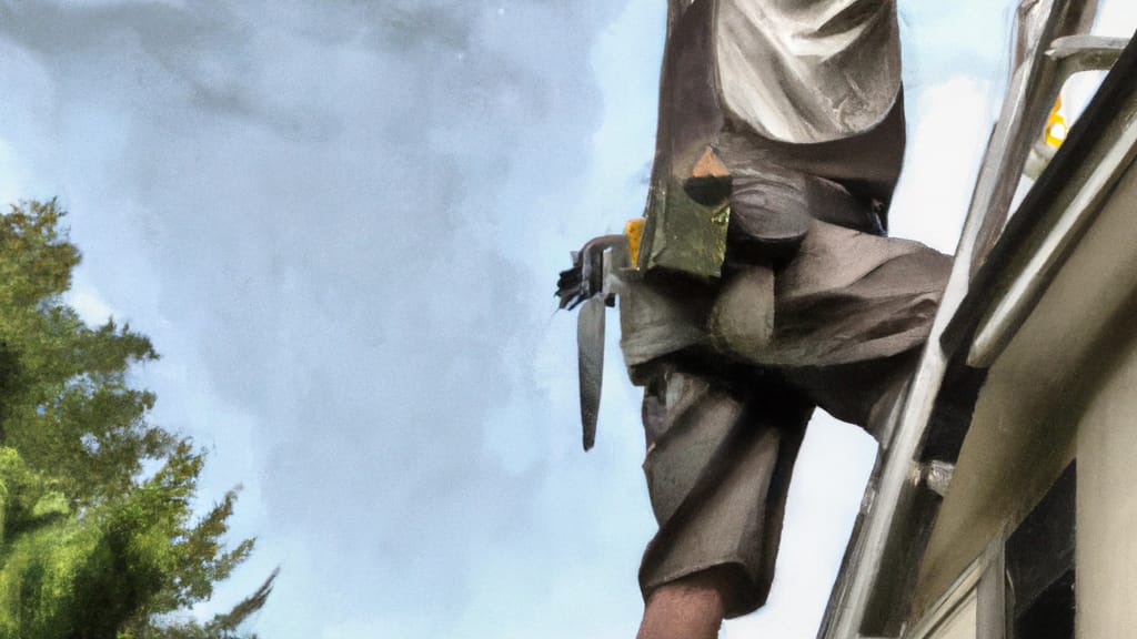 Man climbing ladder on Farmington Hills, Michigan home to replace roof