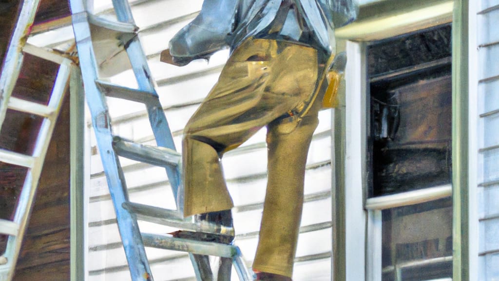 Man climbing ladder on Frankfort, New York home to replace roof