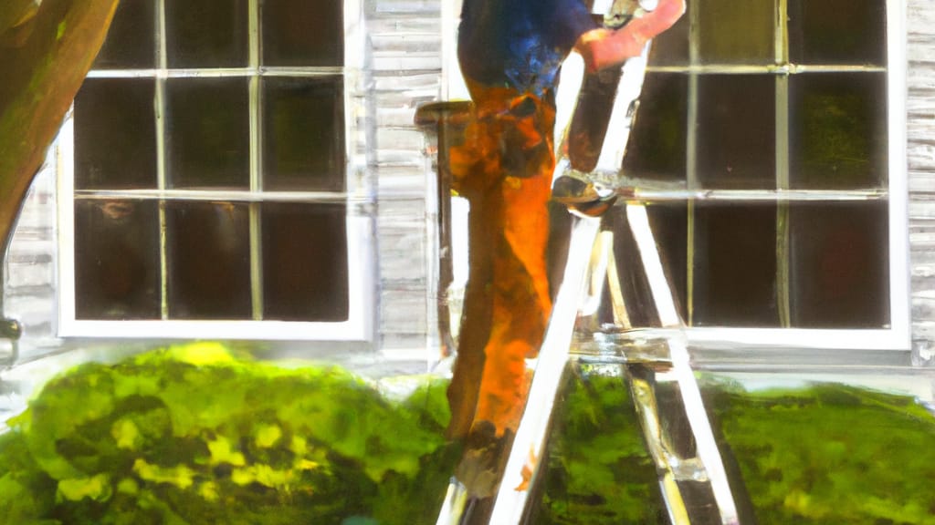 Man climbing ladder on Glen Cove, New York home to replace roof