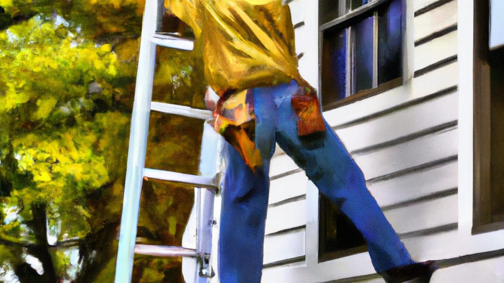 Man climbing ladder on Golden Valley, Minnesota home to replace roof