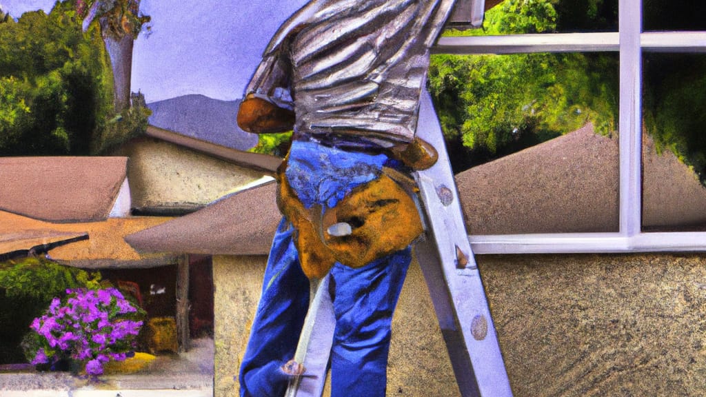 Man climbing ladder on Granada Hills, California home to replace roof