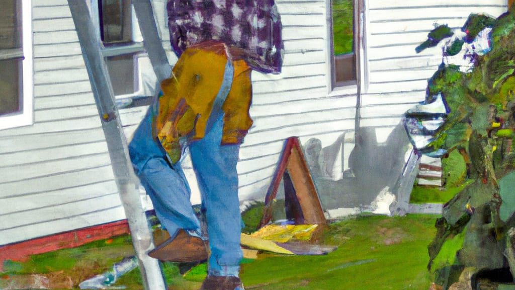 Man climbing ladder on Ham Lake, Minnesota home to replace roof