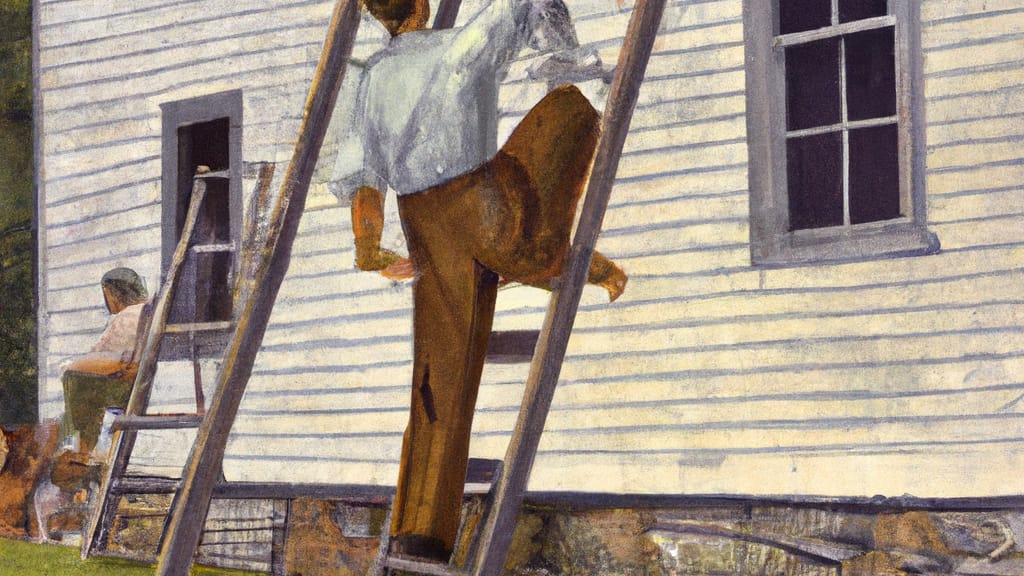 Man climbing ladder on Harrisville, New York home to replace roof