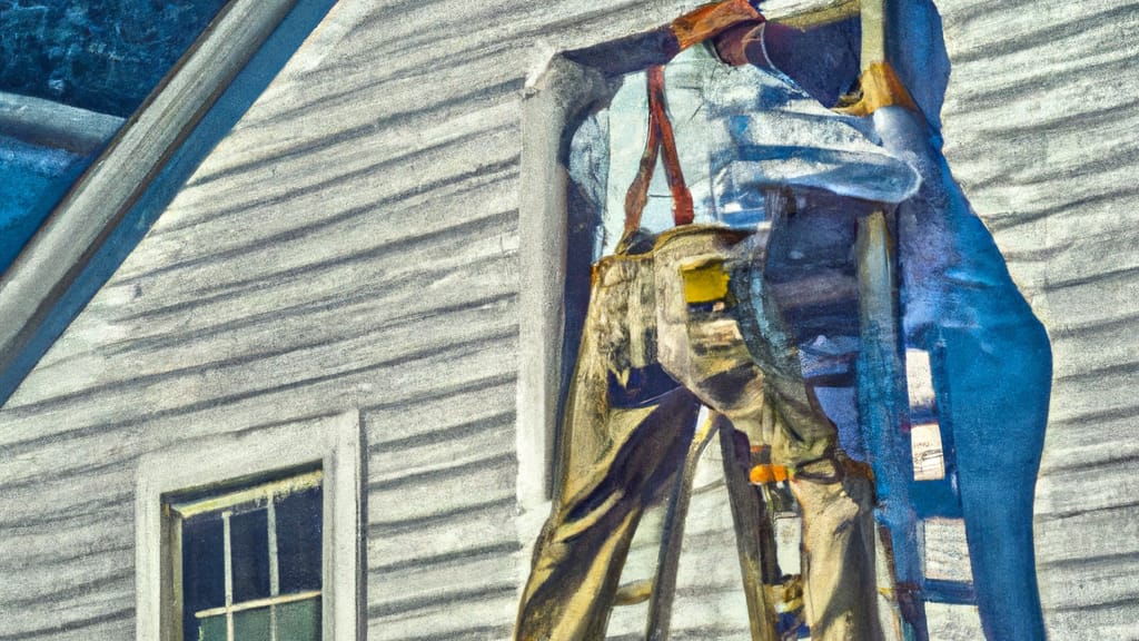 Man climbing ladder on Holmes, New York home to replace roof